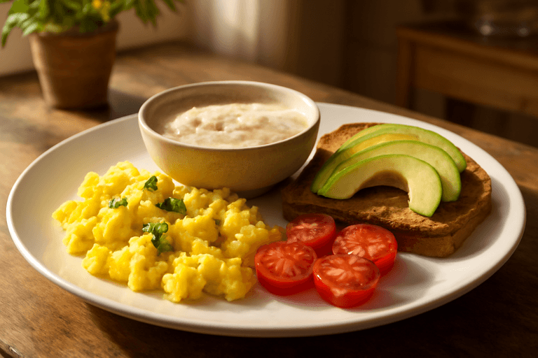 Herzhaftes Proteinfrühstück mit Rührei, Haferflocken und Avocado
