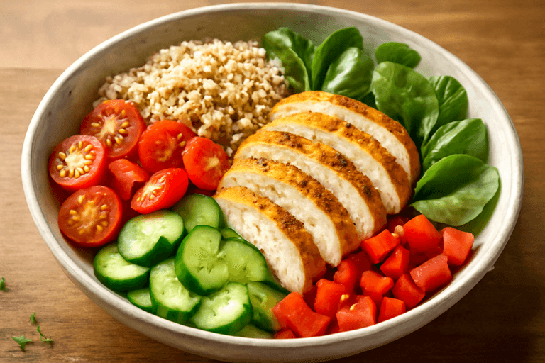 Klassisk kycklingsallad med quinoa och färska grönsaker