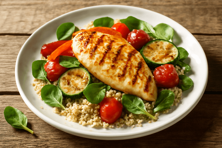 Κοτόπουλο σχάρας με λαχανικά και κινόα