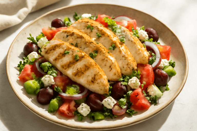 Κοτόπουλο σχάρας με χρωματιστές σαλάτες και λεμονάτη βινεγκρέτ