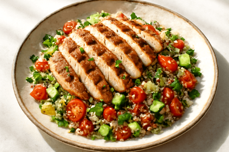Куриная грудка на гриле с салатом из киноа и свежих овощей