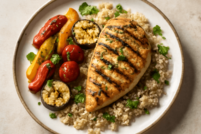 Куриное филе с овощами на гриле и киноа