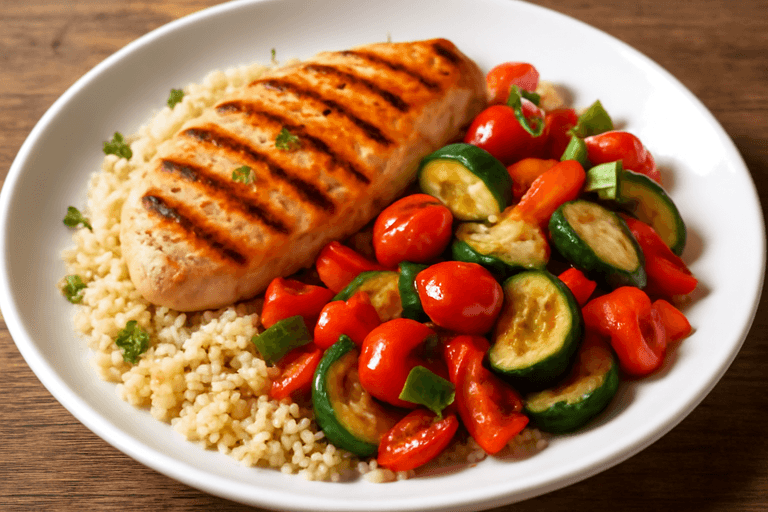 Piept de pui la grătar cu legume sote și quinoa