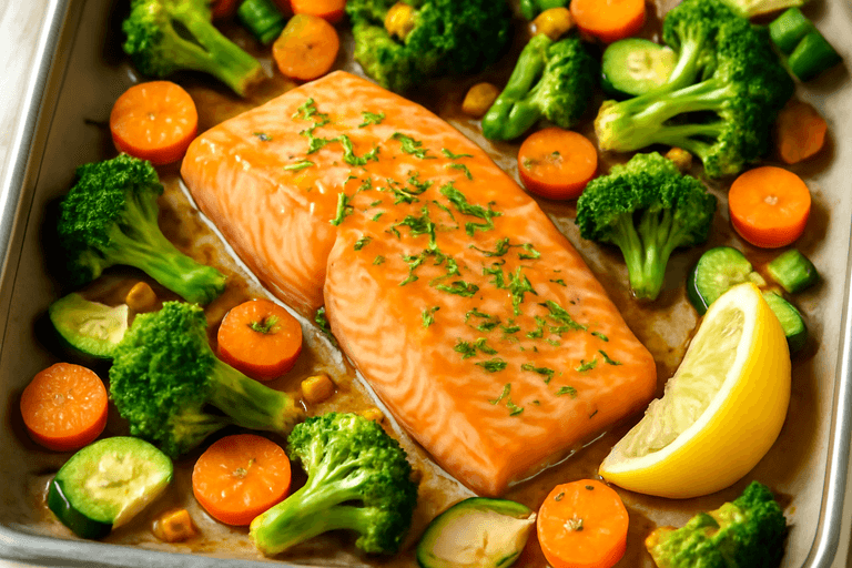 Ovnsbakt laks med grønnsaksmedley og sitron