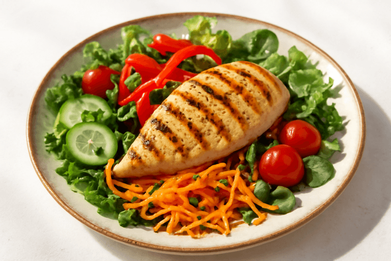 Salată clasică cu piept de pui la grătar și legume colorate