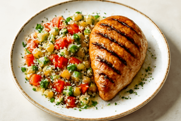 Piept de pui la grătar cu salată de quinoa și legume proaspete