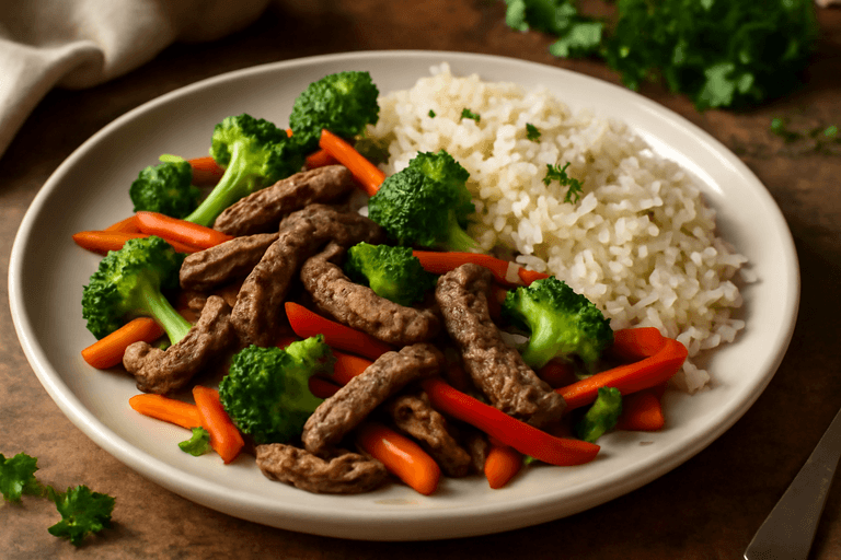 Proteinreiches Rindergeschnetzeltes mit Reis und buntem Gemüse