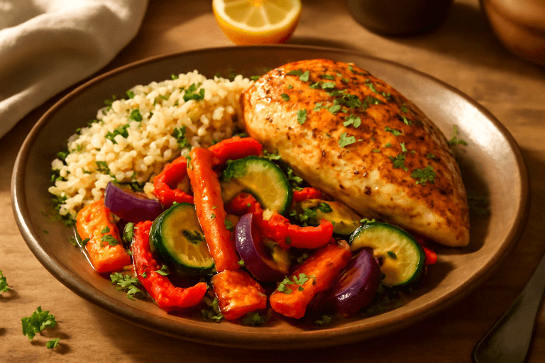 Herzhafte Ofenhähnchen-Brust mit Quinoa und geröstetem Gemüse