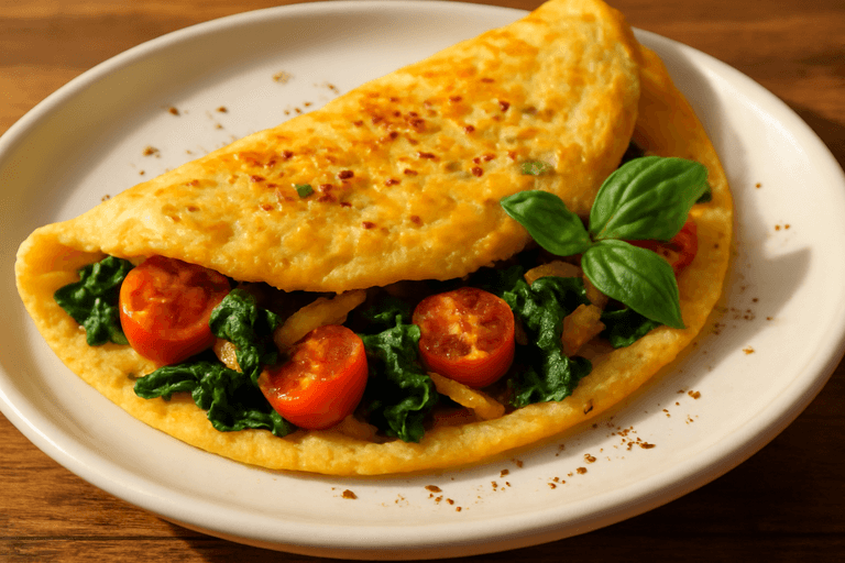 Omelette clásico ligero con espinacas y tomate