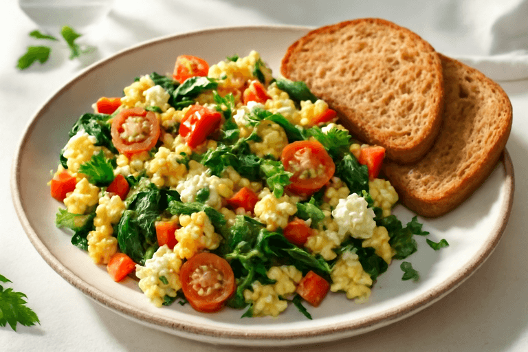 Proteinreiches Gemüserührei mit Vollkorntoast
