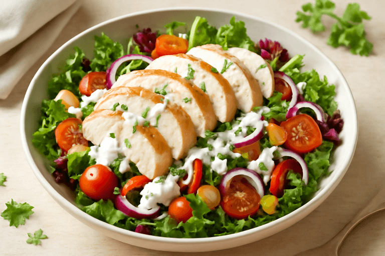 Proteinreicher Hähnchen-Gemüse-Salat mit Joghurtdressing