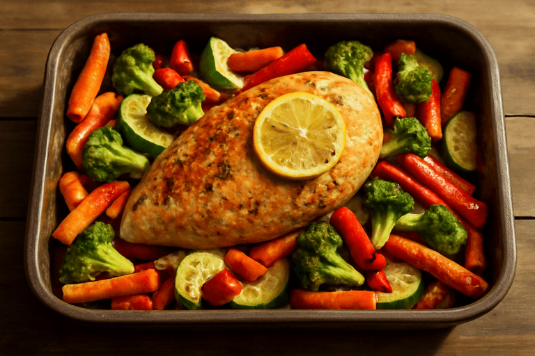 Pollo asado con vegetales al horno