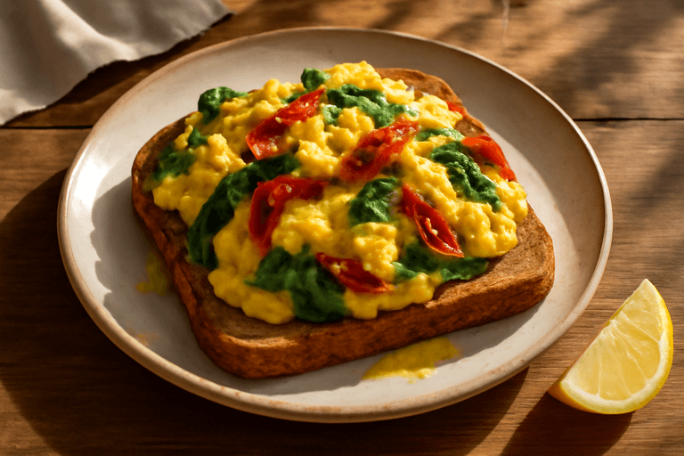 Uovo Strapazzato cu Spinaci e Pomodori Secchi
