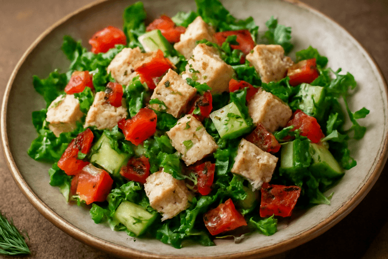 Հավ նոսր աղցանով և վառած բանջարեղենով