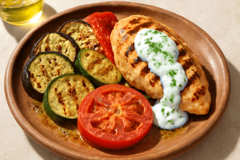 Κοτόπουλο Σχάρας με Ψητά Λαχανικά & Γιαούρτι