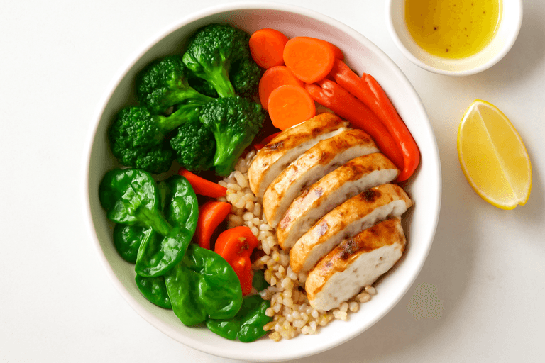 Gegrillte Hähnchen-Gemüse-Bowl mit Vollkornreis