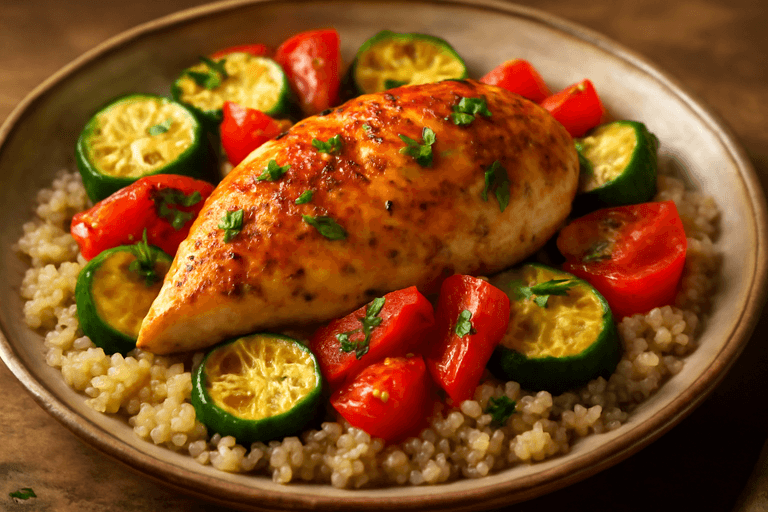 Запечено пилешко филе с цветни зеленчуци и киноа