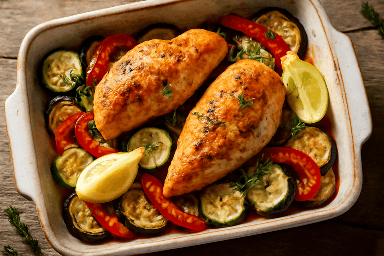 Pollo asado con verduras mediterráneas