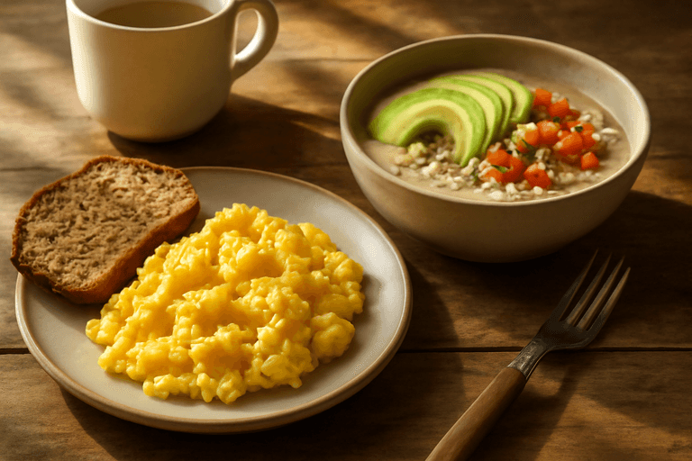Klassisches Kraft-Frühstück: Power-Rührei mit Hafer und Avocado