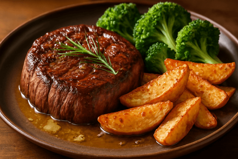 Herzhaftes Rindersteak mit Ofenkartoffeln und Brokkoli