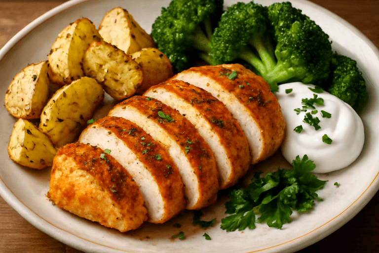 Saftiges Hähnchenbrustfilet mit Ofenkartoffeln & Brokkoli