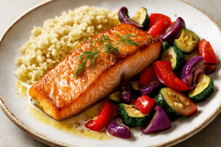 Gebakken Zalmfilet met Geroosterde Groenten en Quinoa
