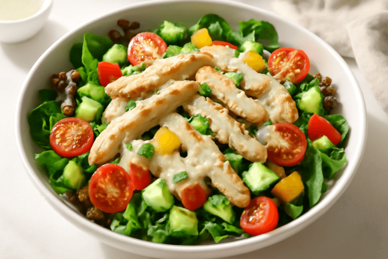 Лёгкий куриный салат с овощами и йогуртовой заправкой