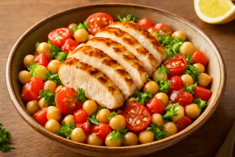 Kleurrijke Kikkererwtensalade met Gegrilde Kip