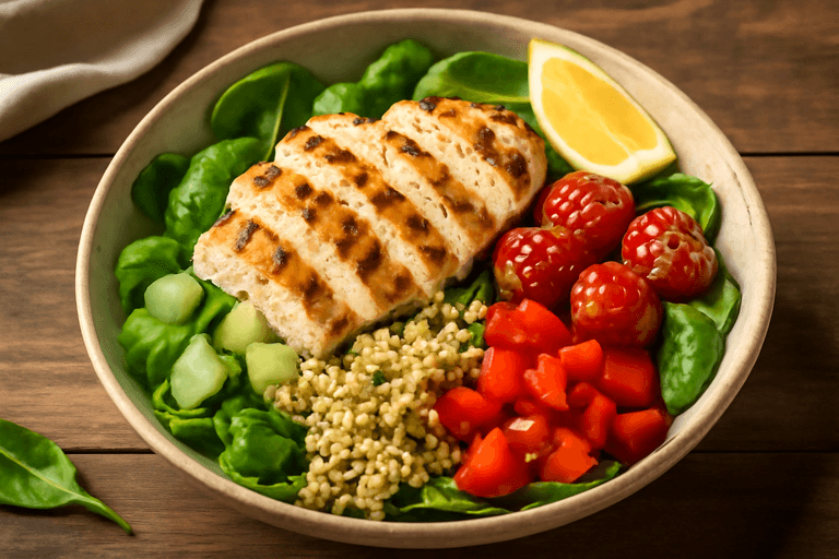 Gegrilde Kipsalade met Quinoa en Geroosterde Groenten