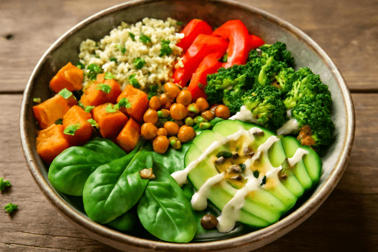 Proteinreiche Buddha-Bowl mit Quinoa & geröstetem Gemüse