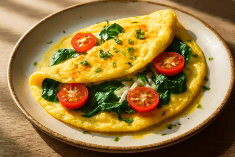 Proteinrik klassisk frokostomelett med spinat og tomat