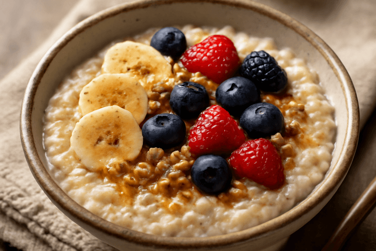 Փափուկ դասական օվսյանե շիլա թարմ մրգերով