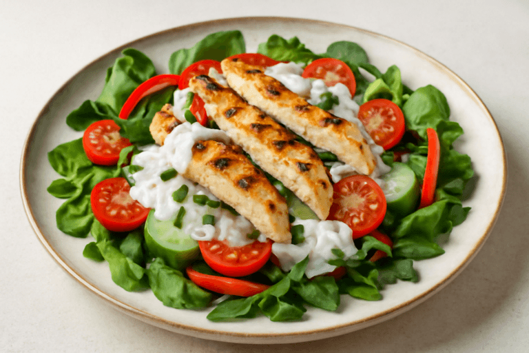 Salată energizantă de pui cu legume proaspete și dressing ușor de iaurt