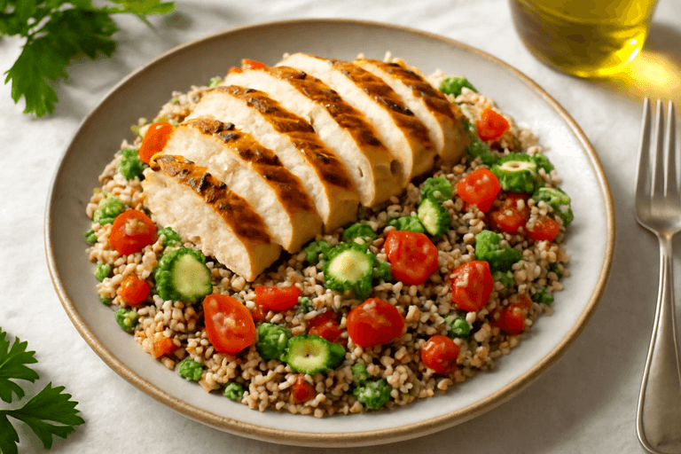 Piept de pui la grătar cu salată de quinoa și legume