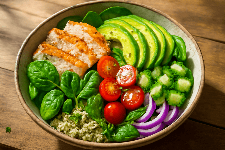 Färgstark kycklingsallad med quinoa och avokado