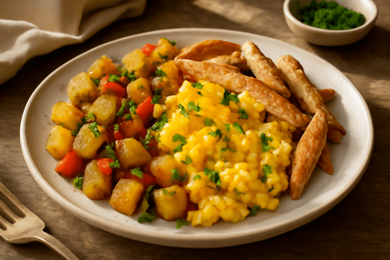 Power-Frühstücks-Pfanne mit Eiern, Kartoffeln und Putenstreifen