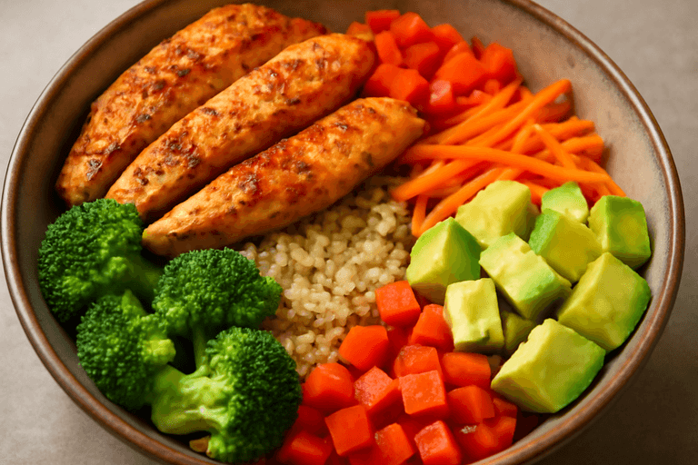 Deftiges Hähnchen-Quinoa-Bowl mit buntem Gemüse
