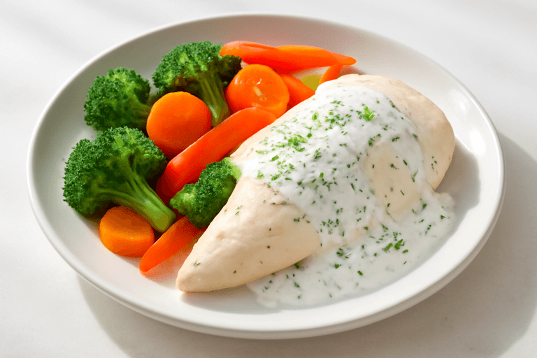 Куриное филе с овощами на пару и нежным соусом из йогурта