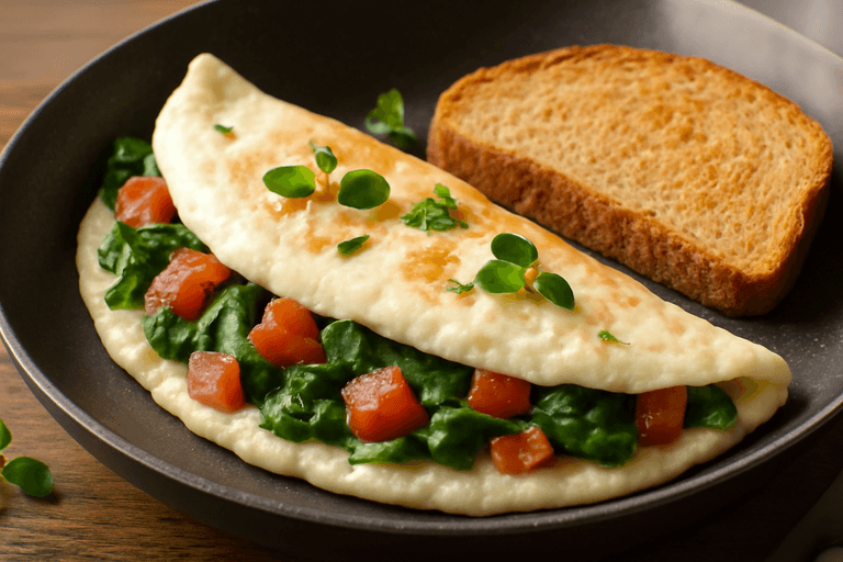 Omelette de claras con espinaca y tomate acompañado de tostada integral