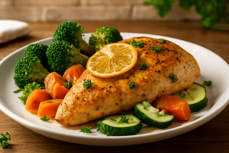 Pollo asado al limón con verduras al vapor