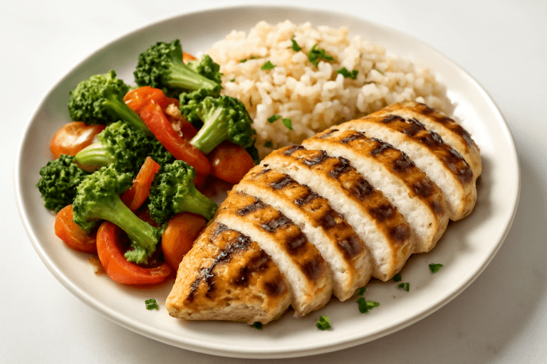 Piept de pui la grătar cu legume colorate și orez brun