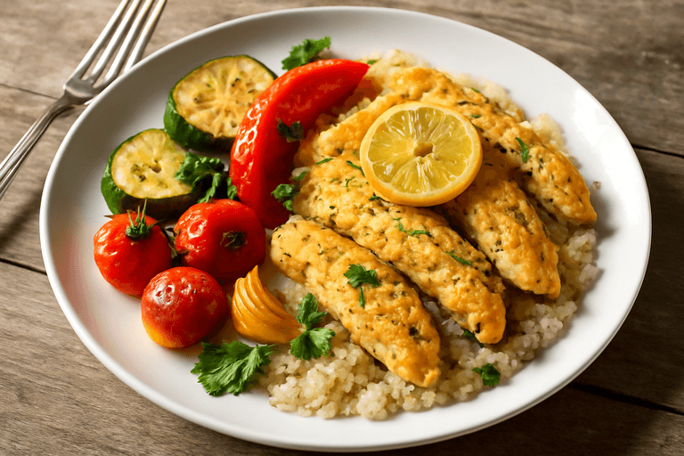 Куриное филе с запечёнными овощами и киноа