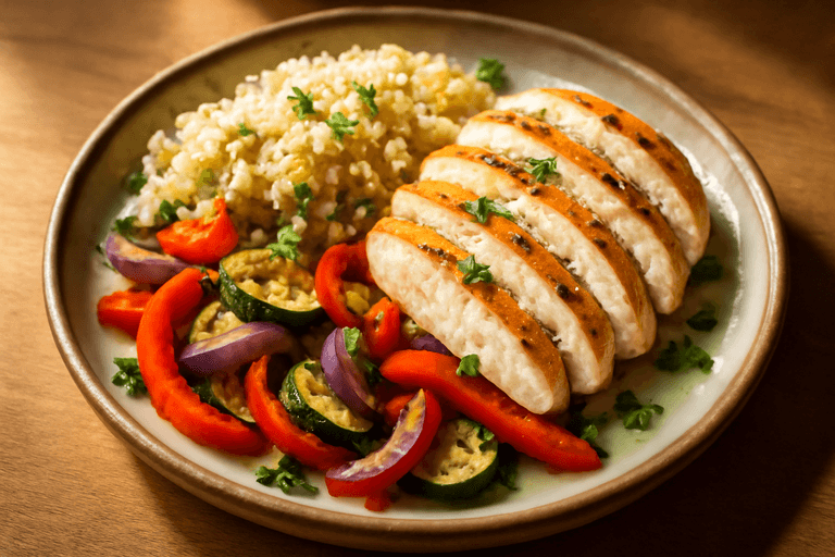 Pechuga de Pollo a la Parrilla con Verduras Asadas y Quinoa