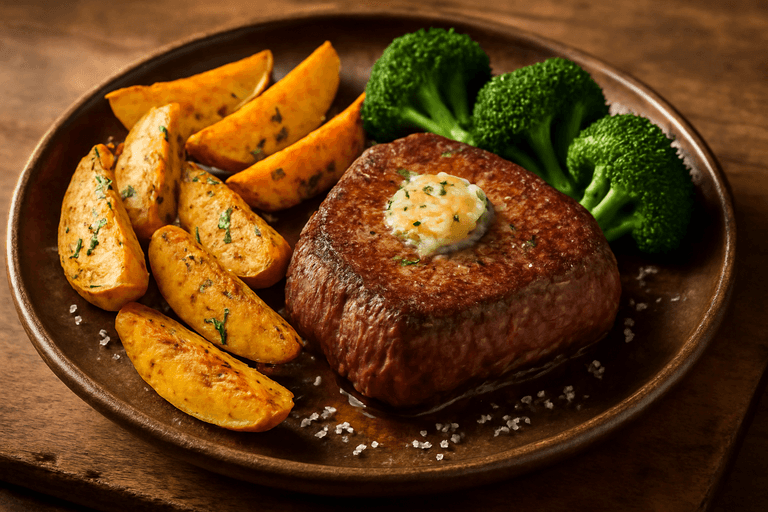 Herzhaftes Rindersteak mit Ofenkartoffeln und Brokkoli