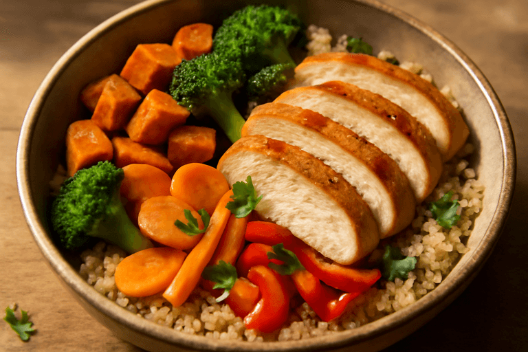 Herzhafte Hähnchen-Bowl mit Ofengemüse und Quinoa