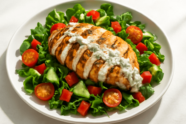 Piept de pui la grătar cu salată de legume proaspete și dressing de iaurt