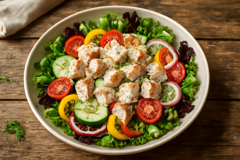 Легкий куриный салат с овощами и йогуртовой заправкой