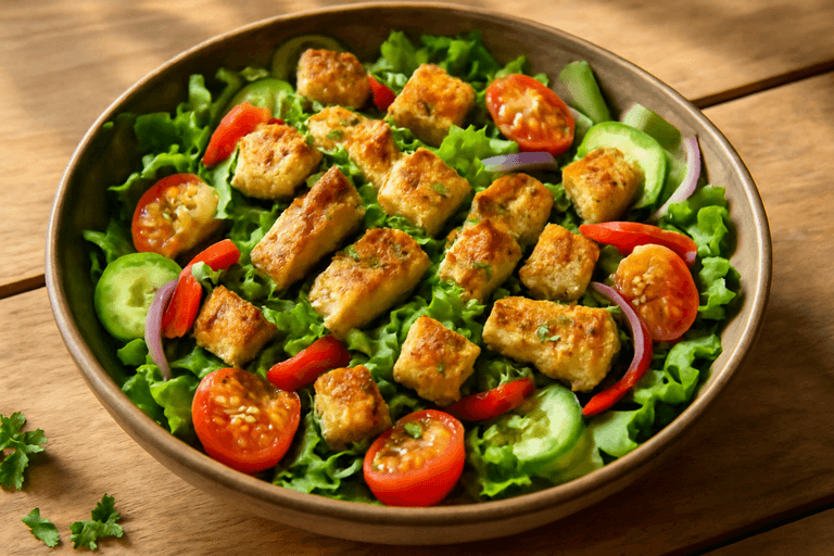 Kleurrijke kipsalade met volkoren croutons