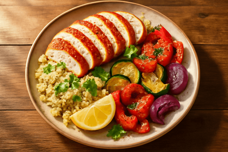 Kipfilet met geroosterde groenten en quinoa