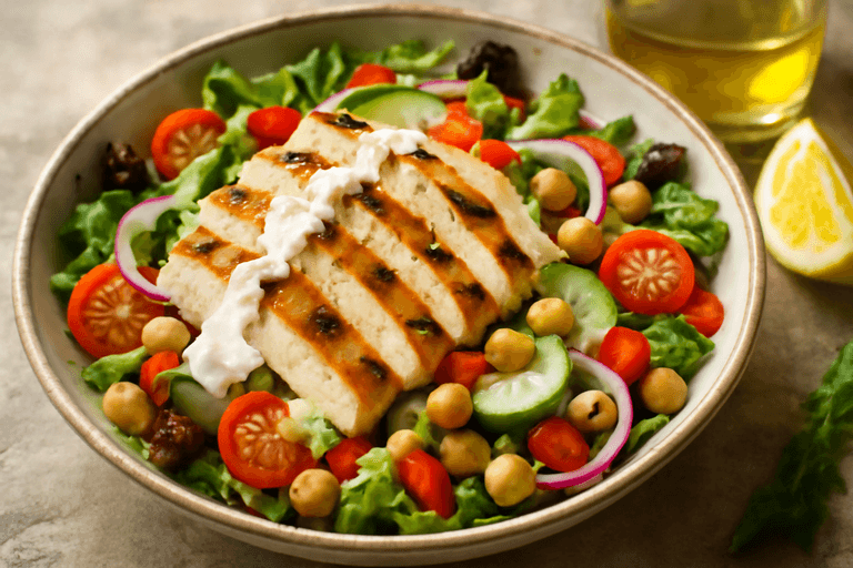 Salată clasică cu pui la grătar, năut și dressing de iaurt